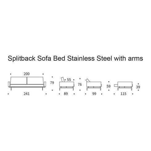 Splitback Sofa Bed with Armrests / Chrome 241x89cm